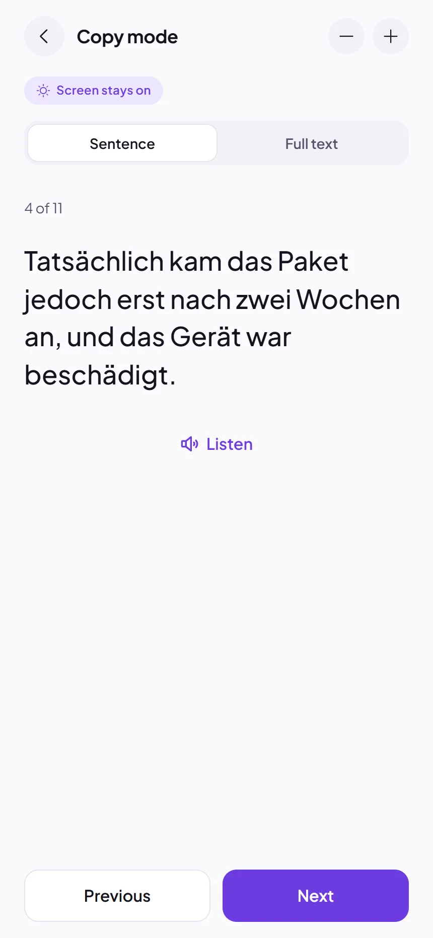 Copy mode showing one large German sentence