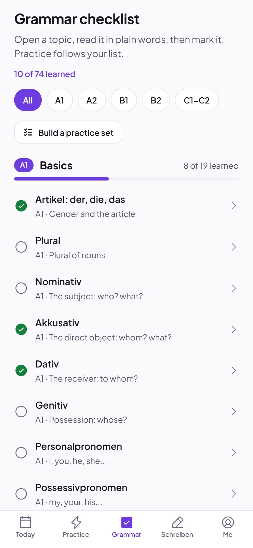 Grammar checklist grouped by level