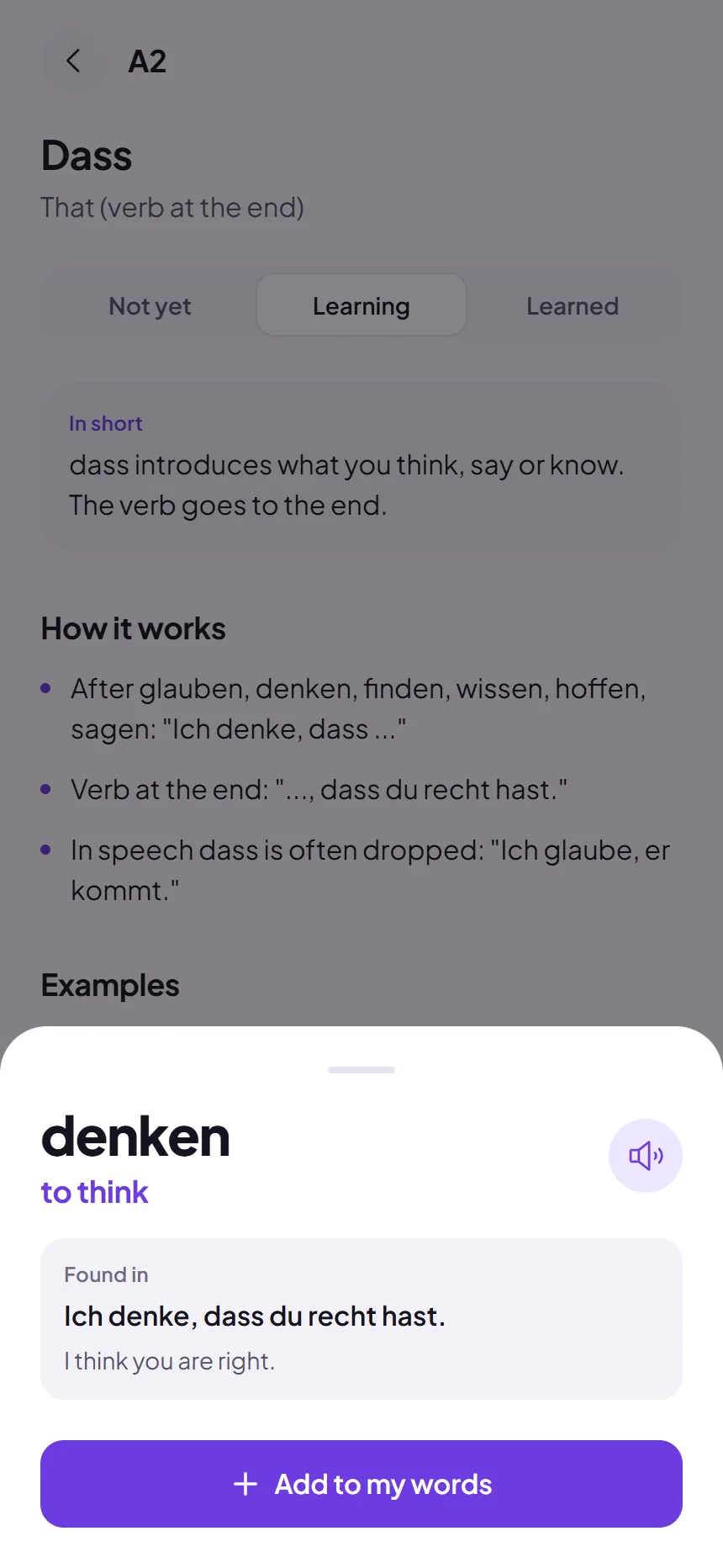 A tapped word with its translation and an Add to my words button